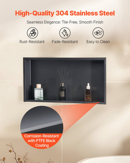 Shower Niche, 13 x 25 x 4 inch Recessed Wall Niche, Heavy-duty Stainless Steel Modern Soap & Shampoo Storage Organizer, Sealed Waterproof, Durable & Easy to Install,Black for Bathroom