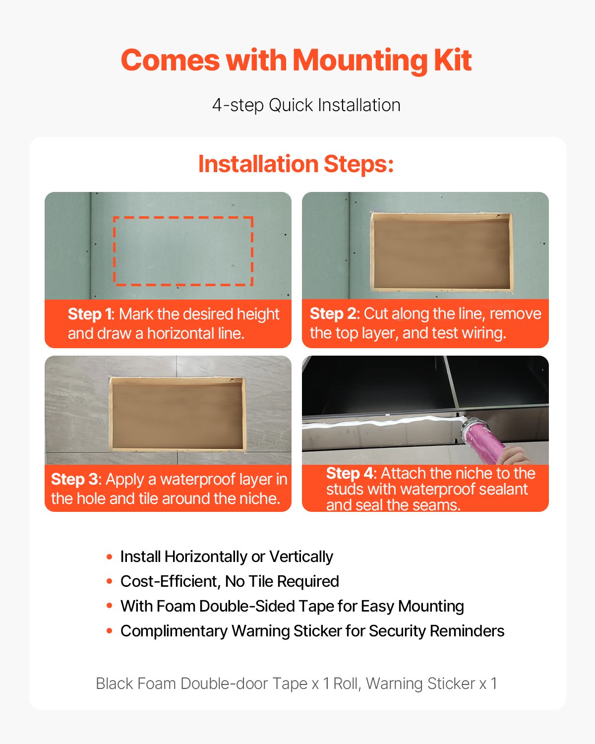 Shower Niche, 13 x 25 x 4 inch Recessed Wall Niche, Heavy-duty Stainless Steel Modern Soap & Shampoo Storage Organizer, Sealed Waterproof, Durable & Easy to Install,Black for Bathroom