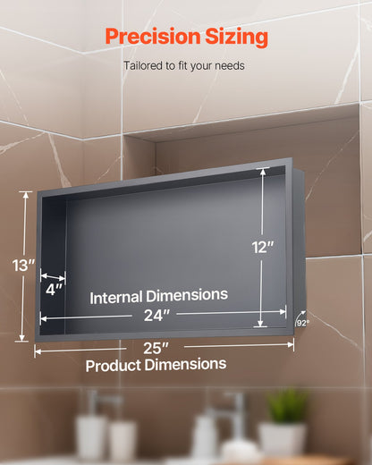 Shower Niche, 13 x 25 x 4 inch Recessed Wall Niche, Heavy-duty Stainless Steel Modern Soap & Shampoo Storage Organizer, Sealed Waterproof, Durable & Easy to Install,Black for Bathroom