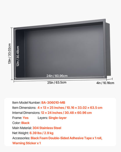 Shower Niche, 13 x 25 x 4 inch Recessed Wall Niche, Heavy-duty Stainless Steel Modern Soap & Shampoo Storage Organizer, Sealed Waterproof, Durable & Easy to Install,Black for Bathroom