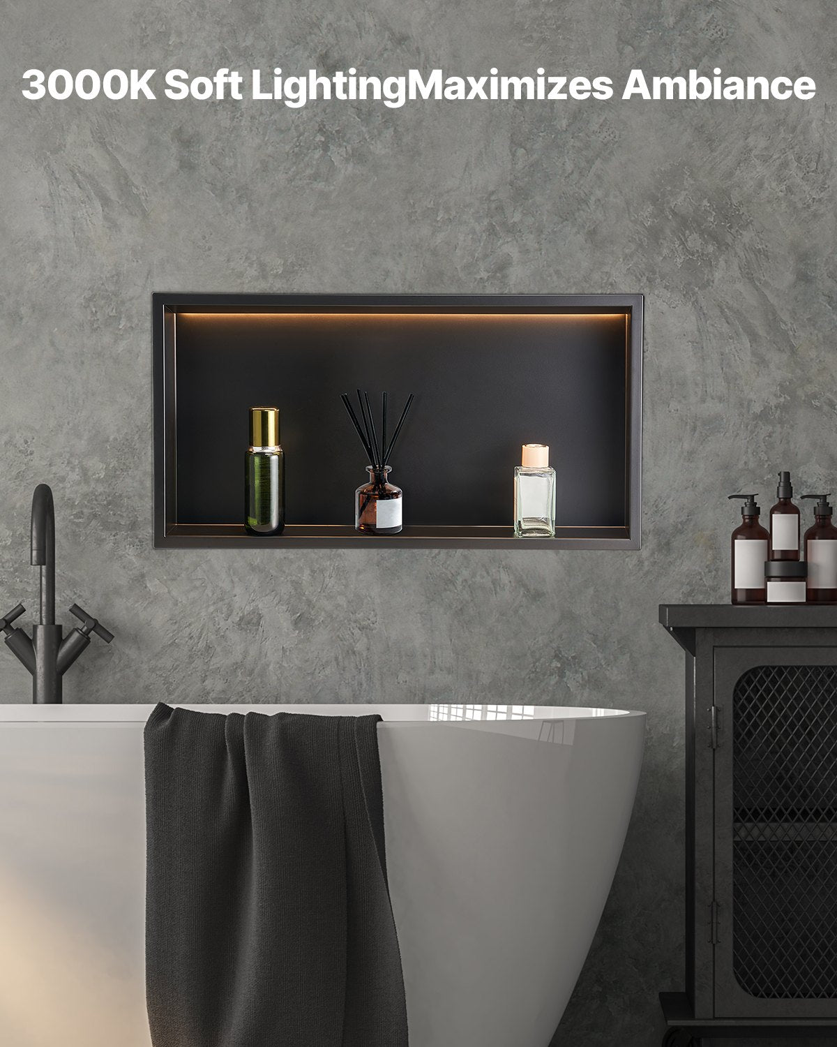 Shower Niche, 13 x 25 x 4 inch Recessed Wall Niche With LED Strip,Heavy-duty Stainless Steel Modern Shampoo Storage Organizer,Sealed Waterproof, Durable & Easy to Install,Black for Bathroom