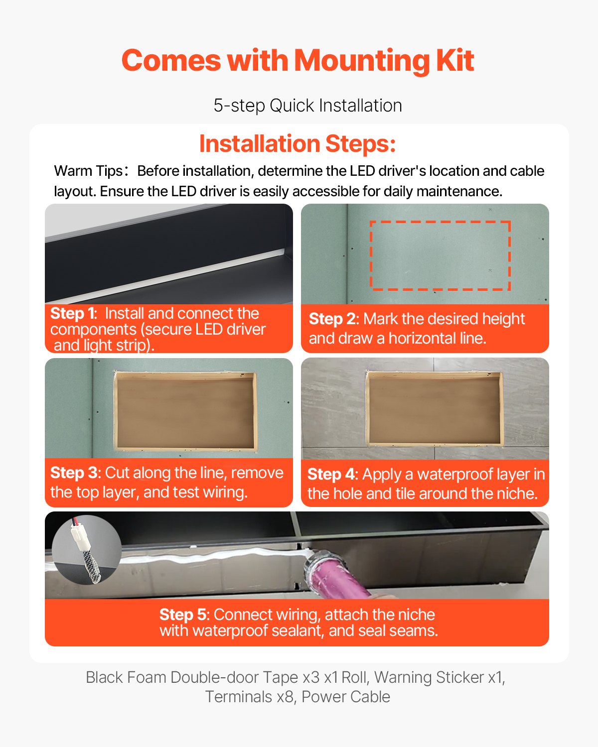 Shower Niche, 13 x 25 x 4 inch Recessed Wall Niche With LED Strip,Heavy-duty Stainless Steel Modern Shampoo Storage Organizer,Sealed Waterproof, Durable & Easy to Install,Black for Bathroom