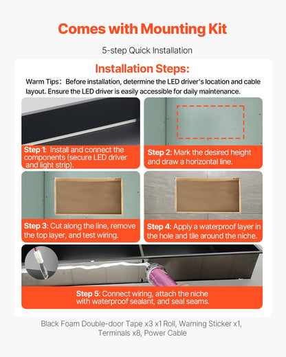 Shower Niche, 13 x 25 x 4 inch Recessed Wall Niche With LED Strip,Heavy-duty Stainless Steel Modern Shampoo Storage Organizer,Sealed Waterproof, Durable & Easy to Install,Black for Bathroom