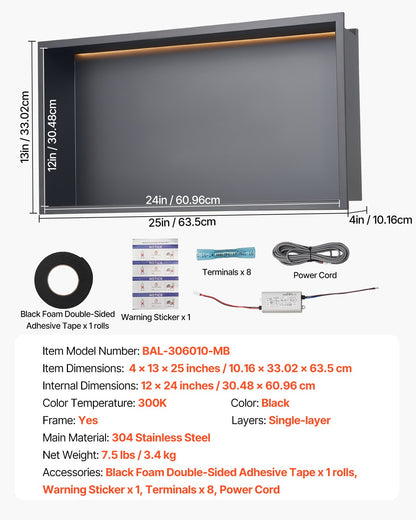 Shower Niche, 13 x 25 x 4 inch Recessed Wall Niche With LED Strip,Heavy-duty Stainless Steel Modern Shampoo Storage Organizer,Sealed Waterproof, Durable & Easy to Install,Black for Bathroom