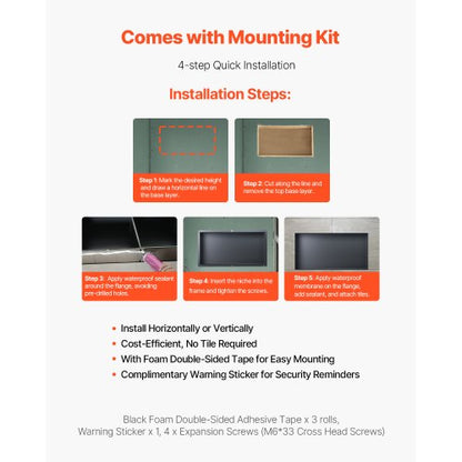 Shower niche 33.0 x 63.5 x 10.2 cm Frameless recessed shelf in stainless steel