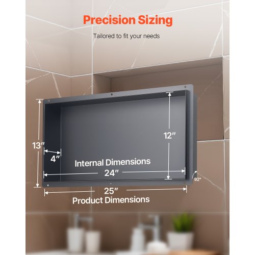 Shower niche 33.0 x 63.5 x 10.2 cm Frameless recessed shelf in stainless steel