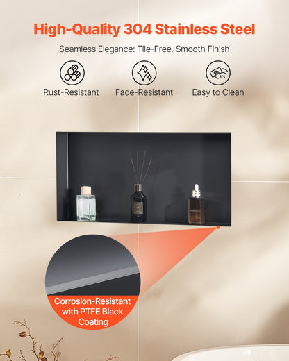 Shower Niche, 13 x 25 x 4 inch Frameless Recessed Wall Niche, Heavy-duty Stainless Steel Modern Shampoo Storage Organizer, Sealed Waterproof, Durable & Easy to Install, Black for Bathroom