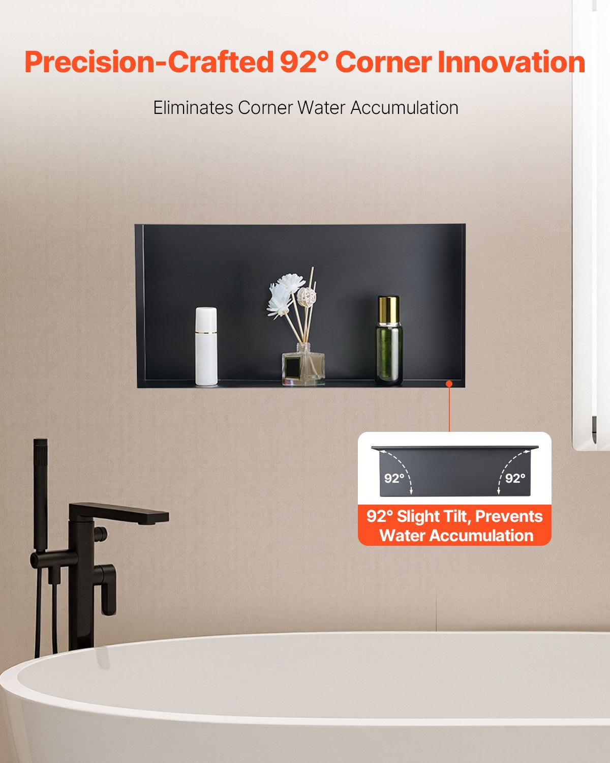 Shower Niche, 13 x 25 x 4 inch Frameless Recessed Wall Niche, Heavy-duty Stainless Steel Modern Shampoo Storage Organizer, Sealed Waterproof, Durable & Easy to Install, Black for Bathroom
