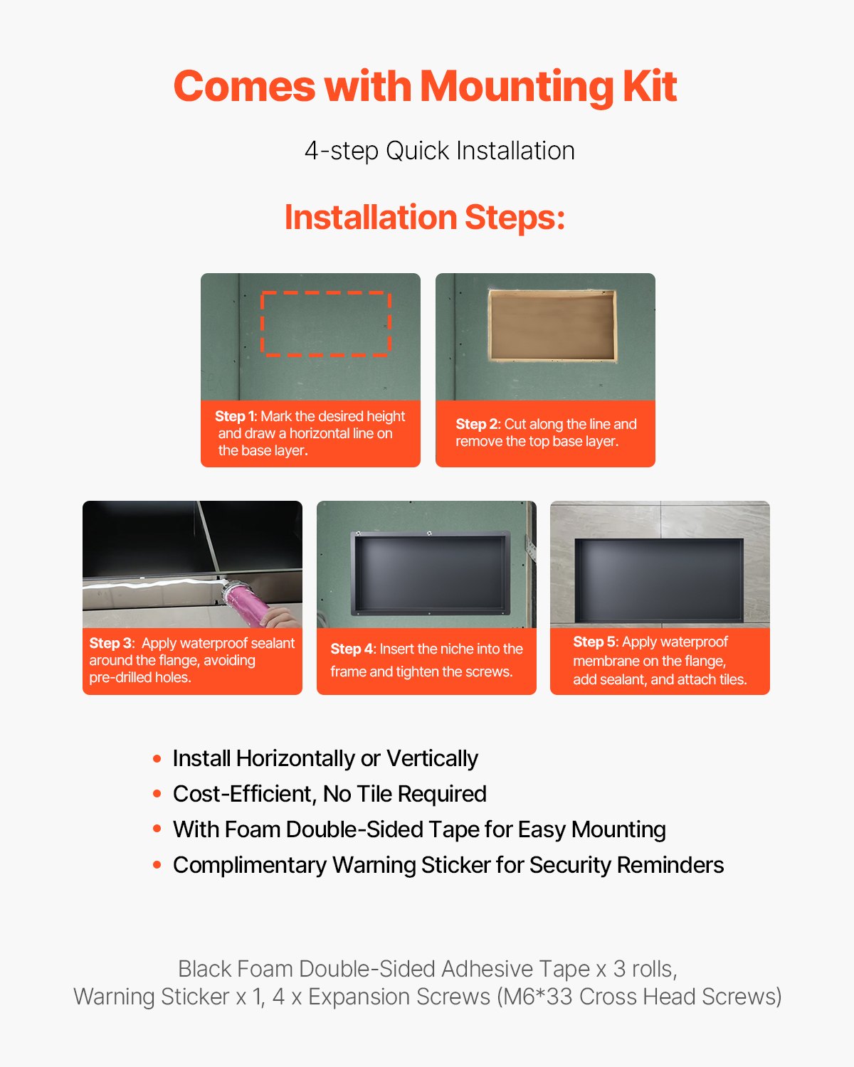 Shower Niche, 13 x 25 x 4 inch Frameless Recessed Wall Niche, Heavy-duty Stainless Steel Modern Shampoo Storage Organizer, Sealed Waterproof, Durable & Easy to Install, Black for Bathroom