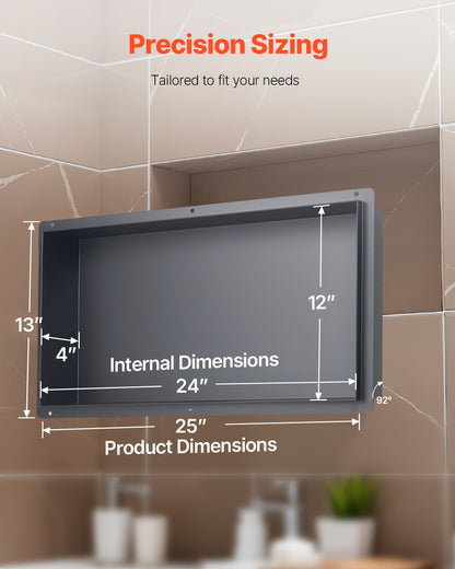 Shower Niche, 13 x 25 x 4 inch Frameless Recessed Wall Niche, Heavy-duty Stainless Steel Modern Shampoo Storage Organizer, Sealed Waterproof, Durable & Easy to Install, Black for Bathroom