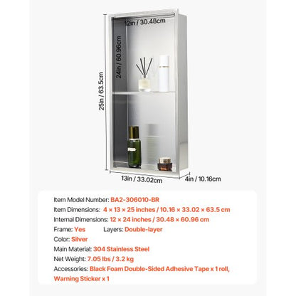 Duschnische 33,0 x 63,5 x 10,2 cm Wandeinbauregal Edelstahl Silber