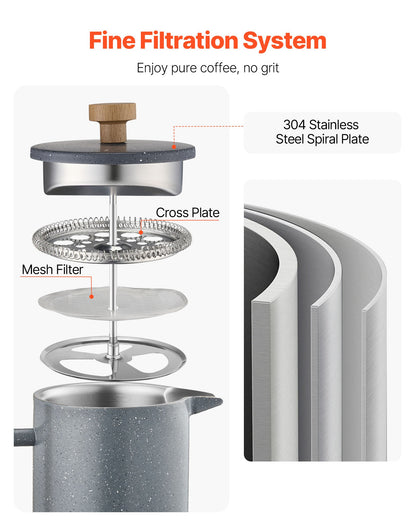 French Press Coffee Maker, 34 Ounce 1 Liter Stainless Steel Coffee Press Tea Maker with Filter, Large Double Wall Insulated French Presses Cold Brew for Camping Travel Home Kitchen, Black