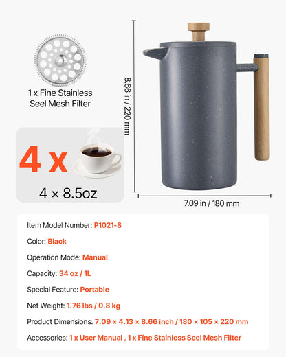 French Press Coffee Maker, 34 Ounce 1 Liter Stainless Steel Coffee Press Tea Maker with Filter, Large Double Wall Insulated French Presses Cold Brew for Camping Travel Home Kitchen, Black