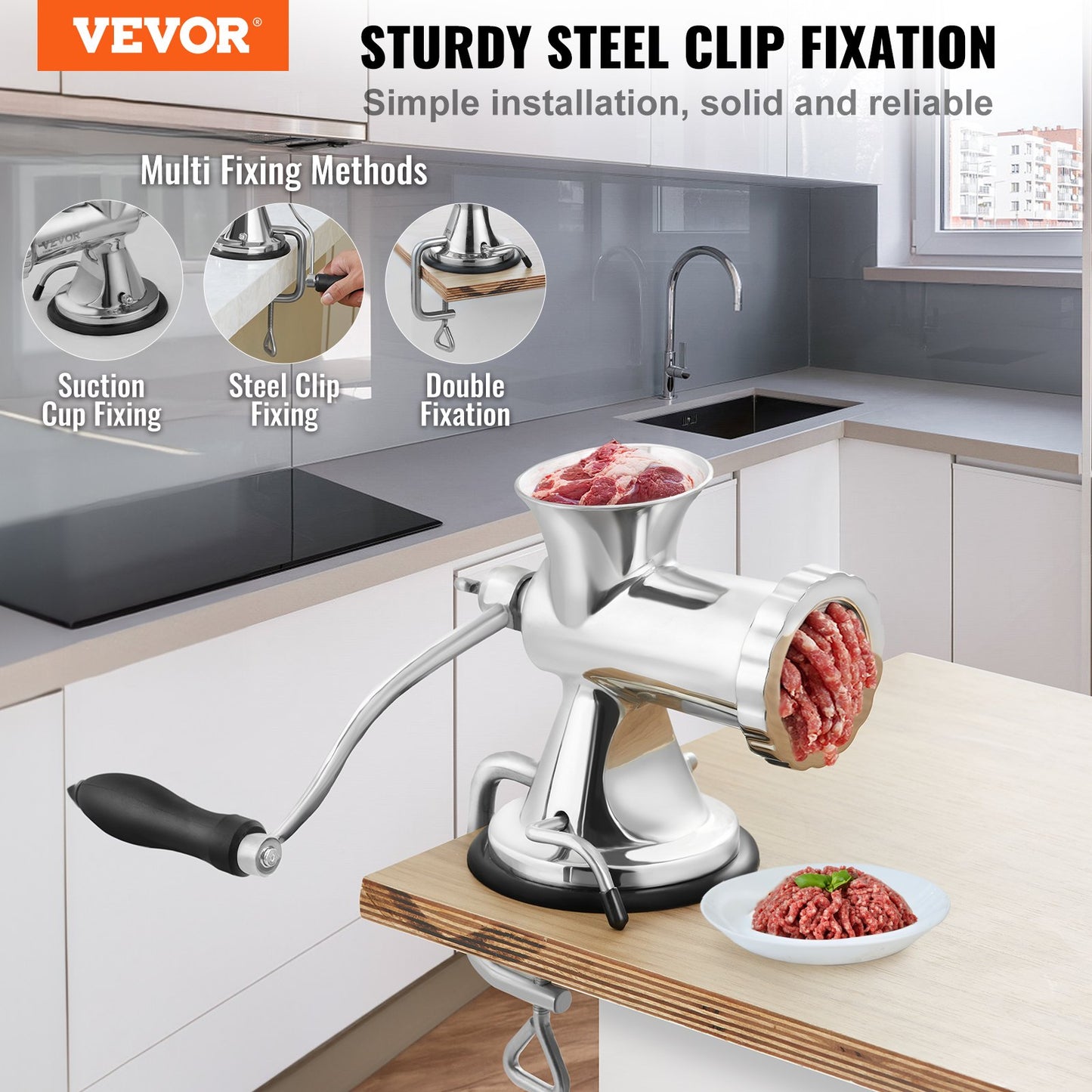 Manual meat grinder, 304 stainless steel hand meat grinder with suction cup + steel table clamp, minced meat sausage machine and 2 cutting plates, sausage tube, grinding head for beef pepper cake