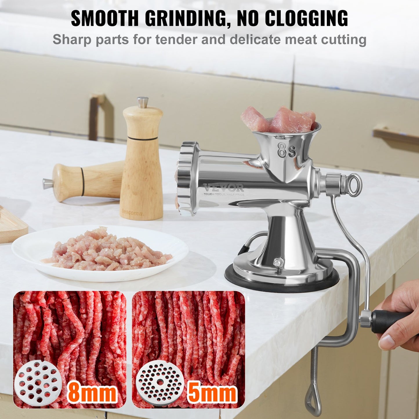 Manual meat grinder, 304 stainless steel hand meat grinder with suction cup + steel table clamp, minced meat sausage machine and 2 cutting plates, sausage tube, grinding head for beef pepper cake
