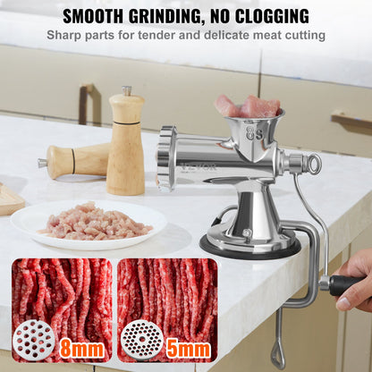 Manual meat grinder, 304 stainless steel hand meat grinder with suction cup + steel table clamp, minced meat sausage machine and 2 cutting plates, sausage tube, grinding head for beef pepper cake