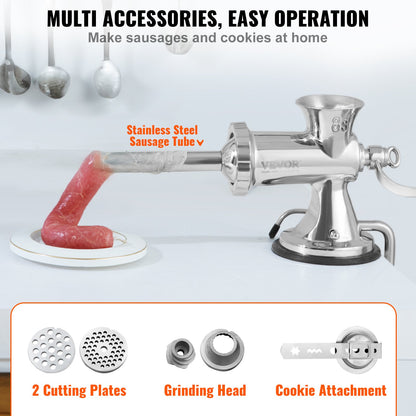 Manual meat grinder, 304 stainless steel hand meat grinder with suction cup + steel table clamp, minced meat sausage machine and 2 cutting plates, sausage tube, grinding head for beef pepper cake