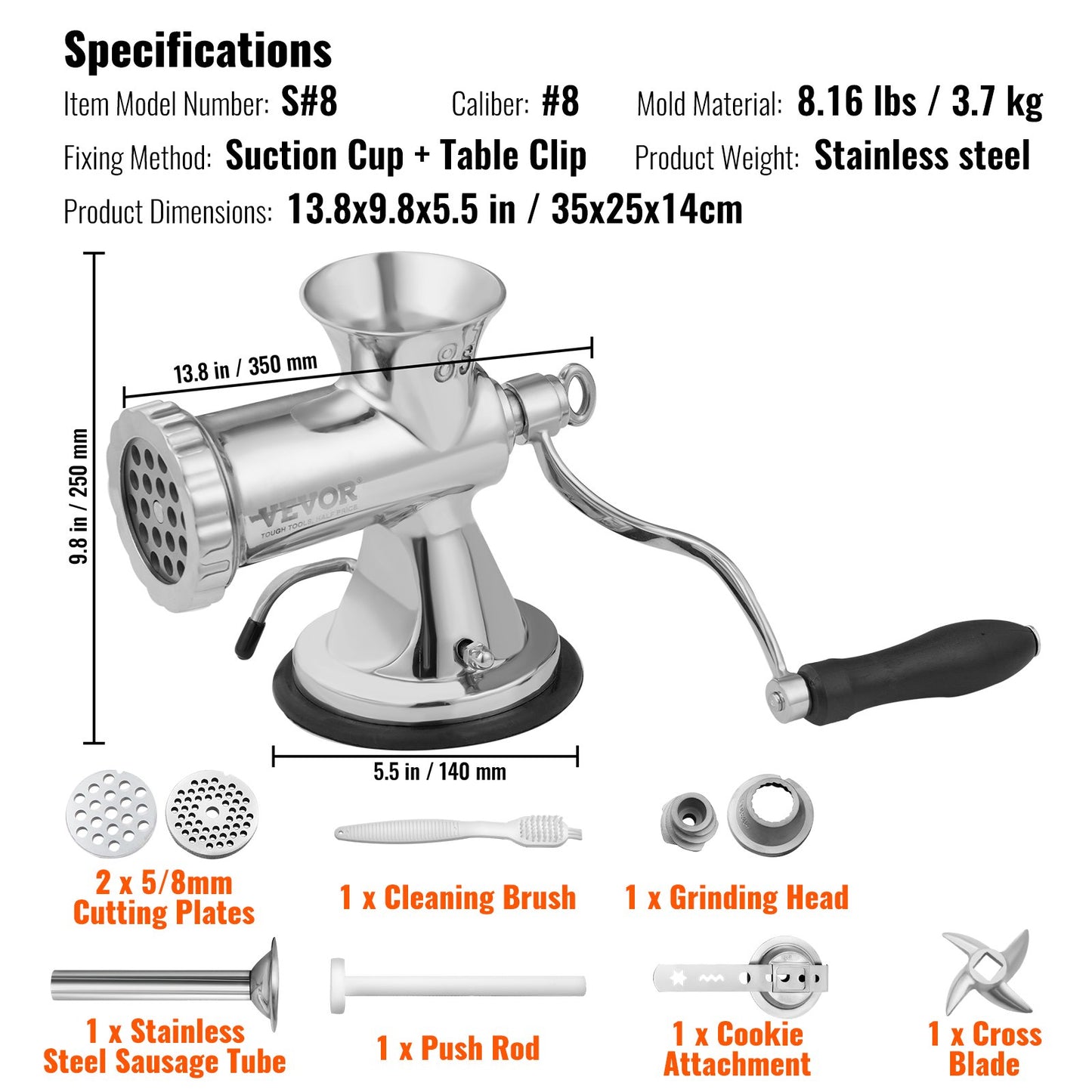 Manual meat grinder, 304 stainless steel hand meat grinder with suction cup + steel table clamp, minced meat sausage machine and 2 cutting plates, sausage tube, grinding head for beef pepper cake