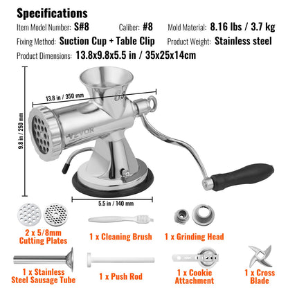Manual meat grinder, 304 stainless steel hand meat grinder with suction cup + steel table clamp, minced meat sausage machine and 2 cutting plates, sausage tube, grinding head for beef pepper cake