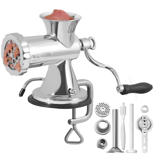 Manual meat grinder, 304 stainless steel hand meat grinder with suction cup + steel table clamp, minced meat sausage machine and 2 cutting plates, sausage tube, grinding head for beef pepper cake