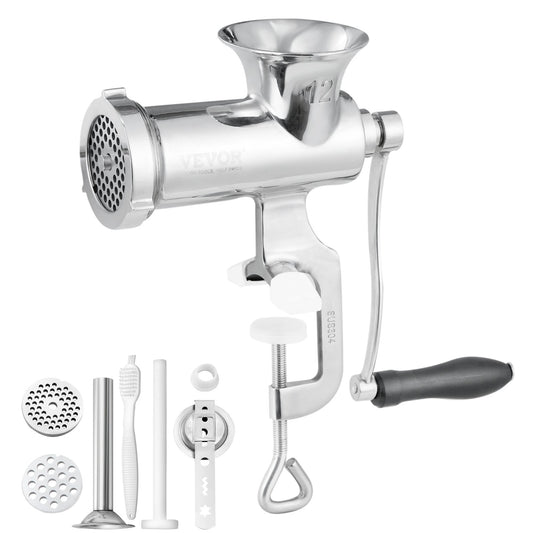 Manual meat grinder, 304 stainless steel hand meat grinder with steel table clamp, minced meat sausage machine and 2 cutting plates, cake accessories, sausage tube for beef pepper mushroom cake