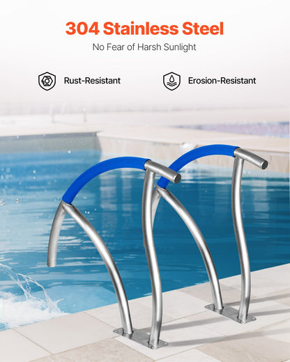Pool handrail, 30" x 30" pool stair rail, 2 stainless steel pool stair treads with 375 pound load capacity, pool rail with quick-mount base plate and complete mounting hardware