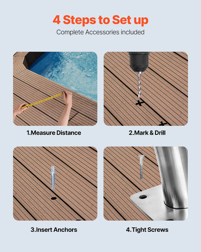 Pool handrail, 30" x 30" pool stair rail, 2 stainless steel pool stair treads with 375 pound load capacity, pool rail with quick-mount base plate and complete mounting hardware