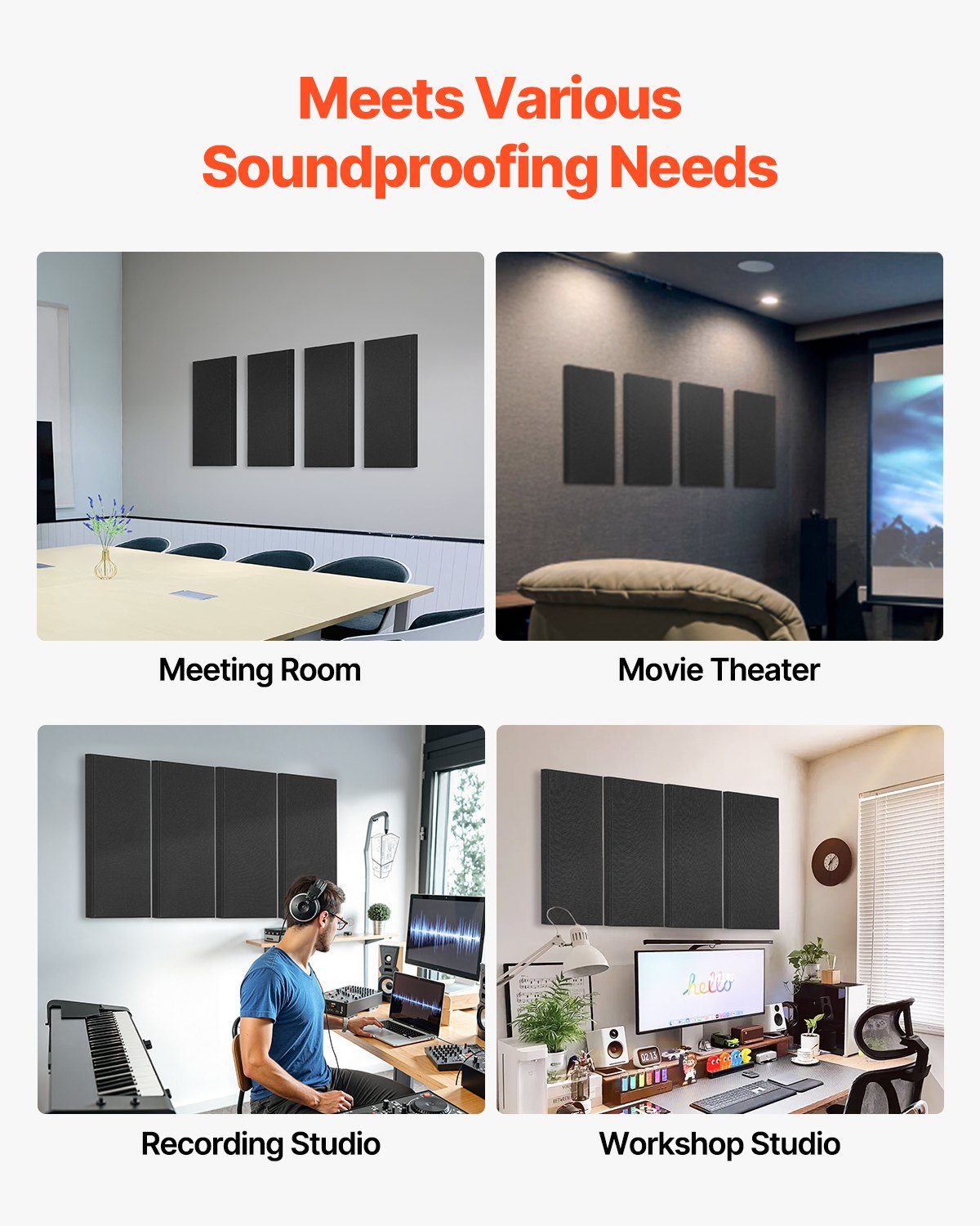 4 PCS Acoustic Panels, 2 inch Thick 23.6 x 11.8 inch Fiberglass Sound Absorbing Panels, Self-adhesive Soundproof Wall Boards, for Studios, Office, Home Theater,Meeting Room, Black
