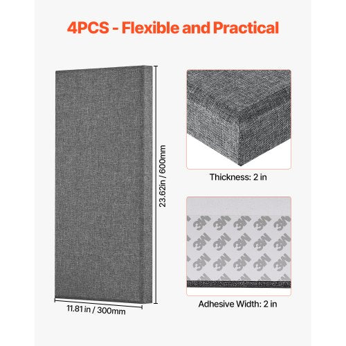 4 Akustik-Wandpaneele 5 cm stark 63 x 28 cm selbstklebend grau