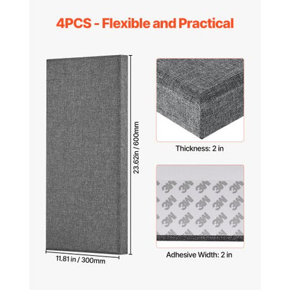 4 Akustik-Wandpaneele 5 cm stark 63 x 28 cm selbstklebend grau