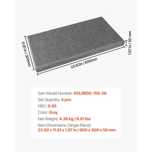 4 Akustik-Wandpaneele 5 cm stark 63 x 28 cm selbstklebend grau