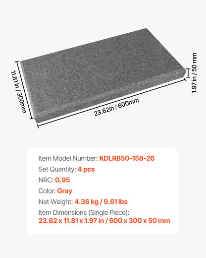 4 PCS Acoustic Panels, 2 inch Thick 23.6 x 11.8 inch Fiberglass Sound Absorbing Panels, Self-adhesive Soundproof Wall Boards, for Studios, Office, Home Theater,Meeting Room, Gray