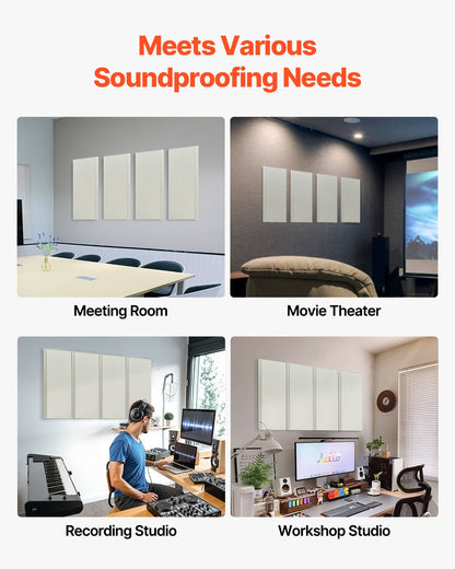 4 PCS Acoustic Panels, 2 inch Thick 23.6 x 11.8 inch Fiberglass Sound Absorbing Panels, Self-adhesive Soundproof Wall Boards, for Studios, Office, Home Theater,Meeting Room, Beige