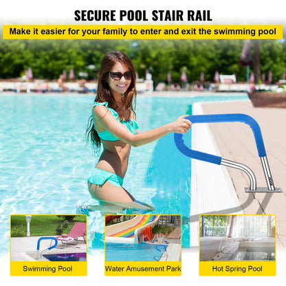 Poolgeländer, 76,2 x 55,9 cm, Poolgeländer, Edelstahl 304, 113,3 kg Tragkraft, silberner, rostfreier Poolhandlauf, benutzerfreundlicher Poolhandlauf mit blauem Griffschutz und M8-Bohrer und selbstschneidenden Schrauben