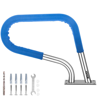 Poolgeländer, 76,2 x 55,9 cm, Poolgeländer, Edelstahl 304, 113,3 kg Tragkraft, silberner, rostfreier Poolhandlauf, benutzerfreundlicher Poolhandlauf mit blauem Griffschutz und M8-Bohrer und selbstschneidenden Schrauben