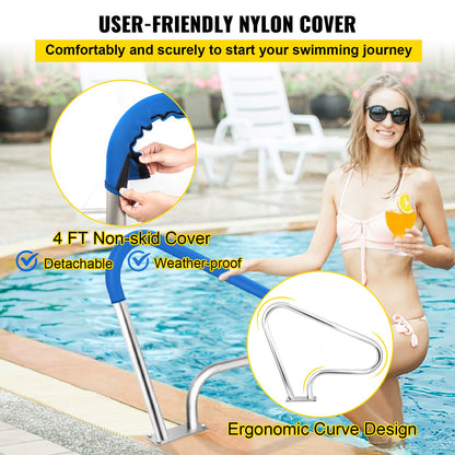 Poolräcke 39x32" Poolräcke 304 Rostfritt stål 250LBS Lastkapacitet Silver Rostskyddad poolhandledare Humaniserad poolhandledare med blått greppskydd & M8-borr och självtejpande skruvar