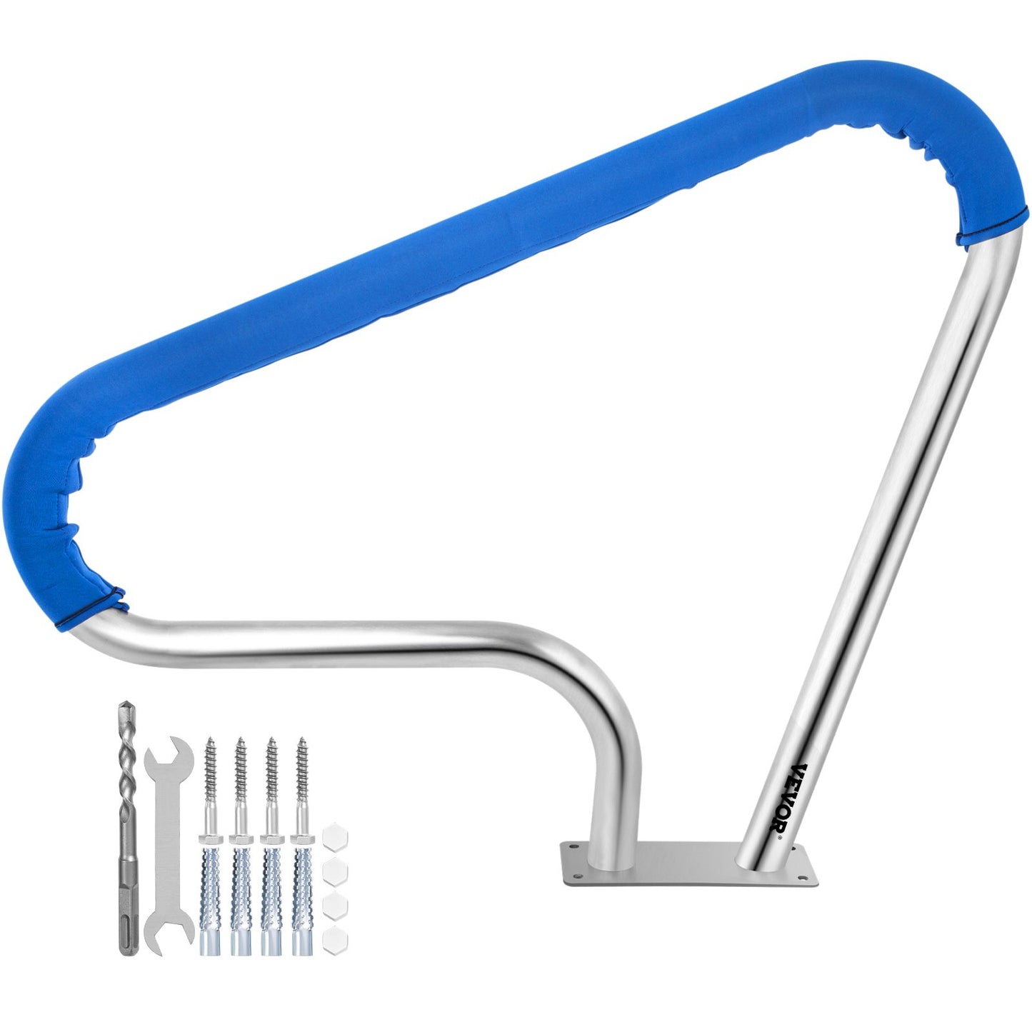 Poolräcke 39x32" Poolräcke 304 Rostfritt stål 250LBS Lastkapacitet Silver Rostskyddad poolhandledare Humaniserad poolhandledare med blått greppskydd & M8-borr och självtejpande skruvar