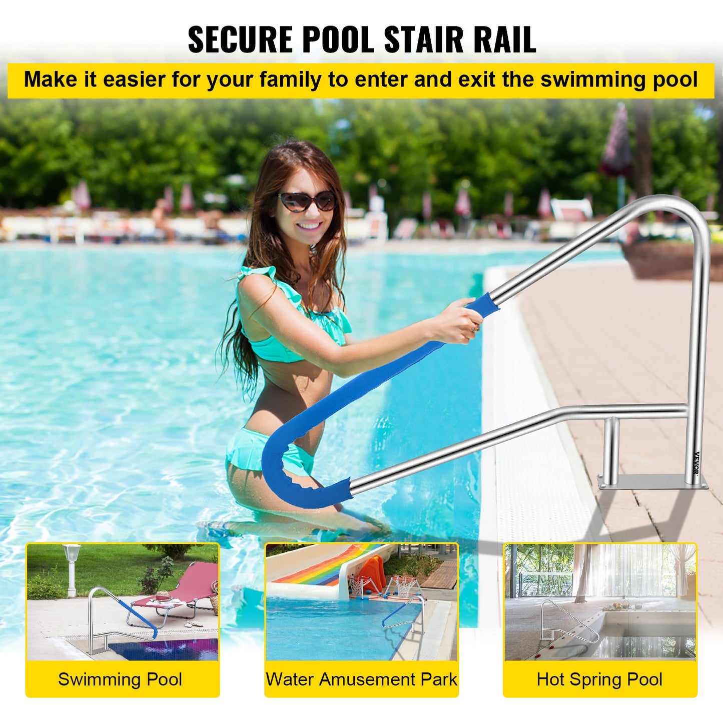 Pool Railing 55x32" Pool Railing 304 Stainless Steel 250LBS Load Capacity Silver Rustproof Pool Handrail Humanized Pool Handrail with Blue Grip Protection &amp; M8 Drill and Self-Tapping Screws