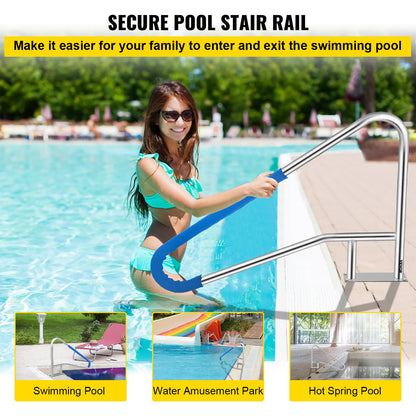 Pool Railing 55x32" Pool Railing 304 Stainless Steel 250LBS Load Capacity Silver Rustproof Pool Handrail Humanized Pool Handrail with Blue Grip Protection &amp; M8 Drill and Self-Tapping Screws