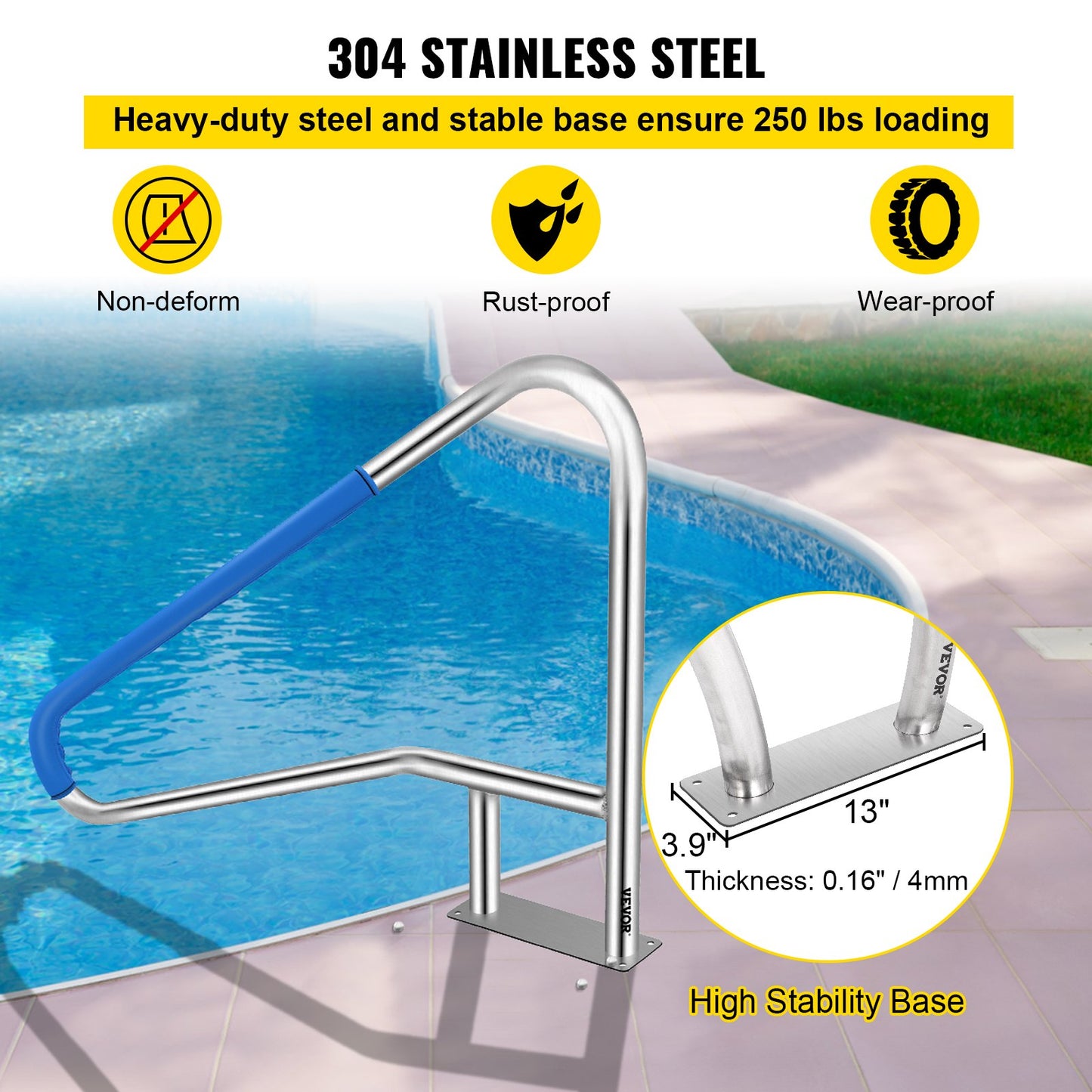 Pool Railing 55x32" Pool Railing 304 Stainless Steel 250LBS Load Capacity Silver Rustproof Pool Handrail Humanized Pool Handrail with Blue Grip Protection &amp; M8 Drill and Self-Tapping Screws