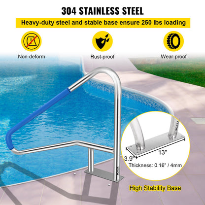 Pool Railing 55x32" Pool Railing 304 Stainless Steel 250LBS Load Capacity Silver Rustproof Pool Handrail Humanized Pool Handrail with Blue Grip Protection &amp; M8 Drill and Self-Tapping Screws