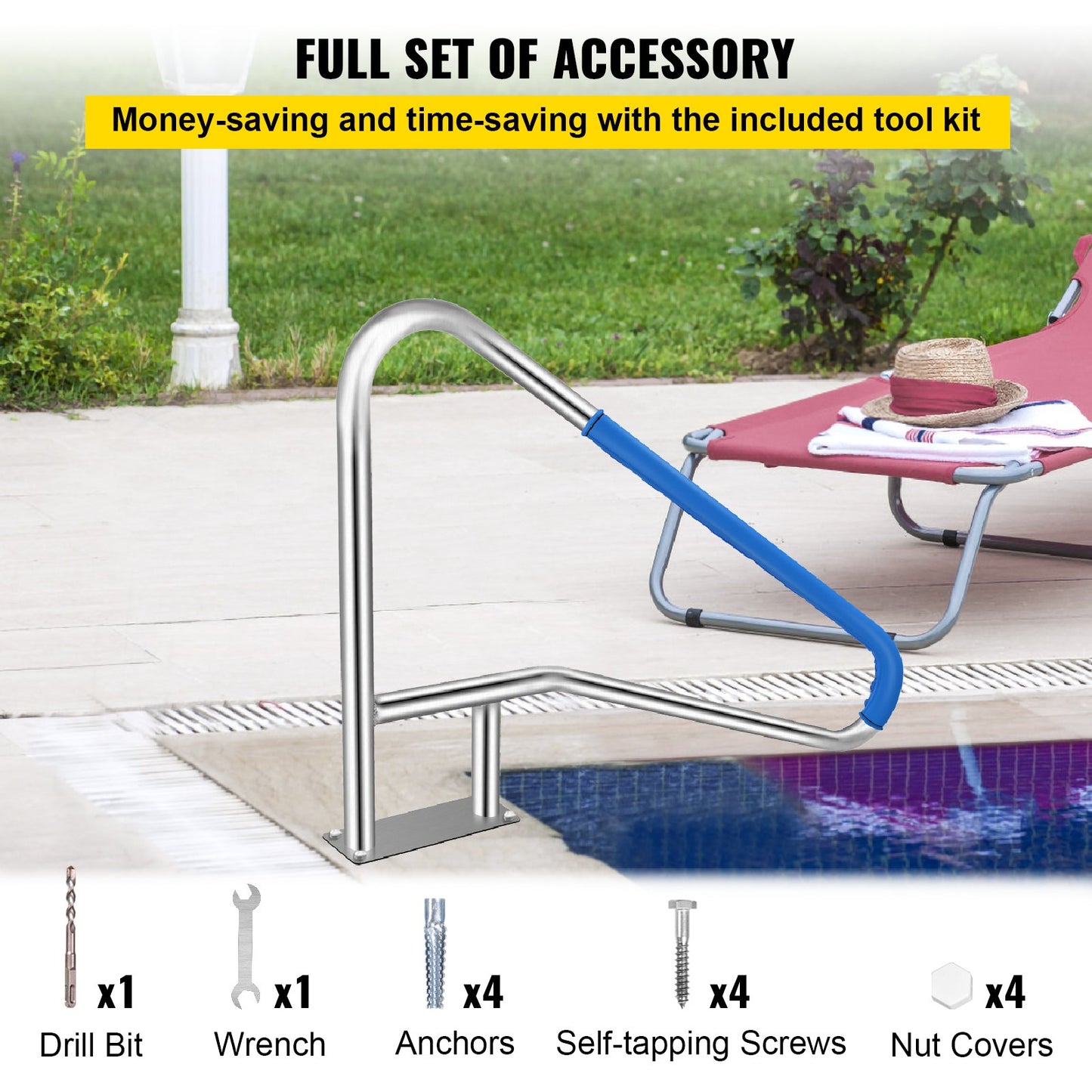 Pool Railing 55x32" Pool Railing 304 Stainless Steel 250LBS Load Capacity Silver Rustproof Pool Handrail Humanized Pool Handrail with Blue Grip Protection &amp; M8 Drill and Self-Tapping Screws