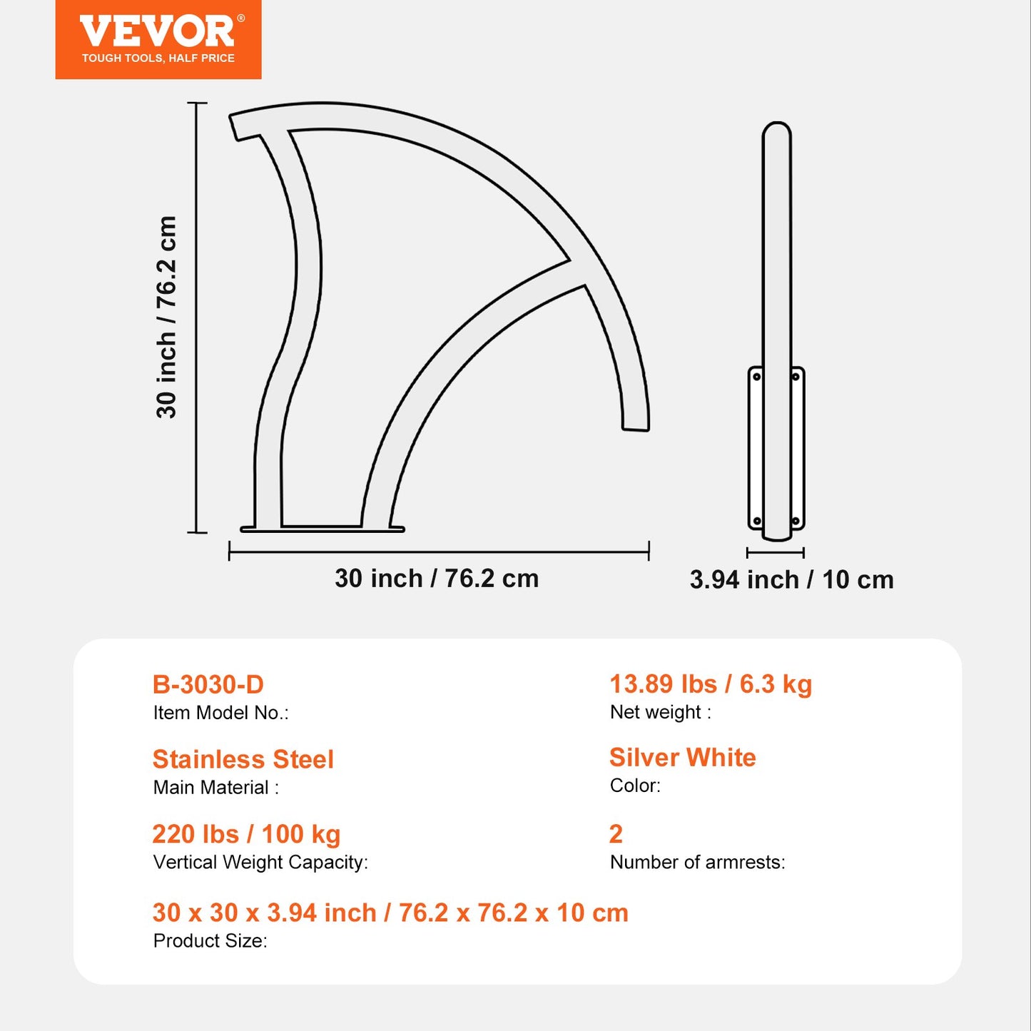 Pool-Handlauf, 2 Stück, 76,2 x 76,2 cm, Edelstahl, mit Grundplatte für Whirlpool