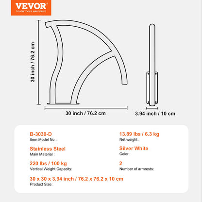 Pool-Handlauf, 2 Stück, 76,2 x 76,2 cm, Edelstahl, mit Grundplatte für Whirlpool