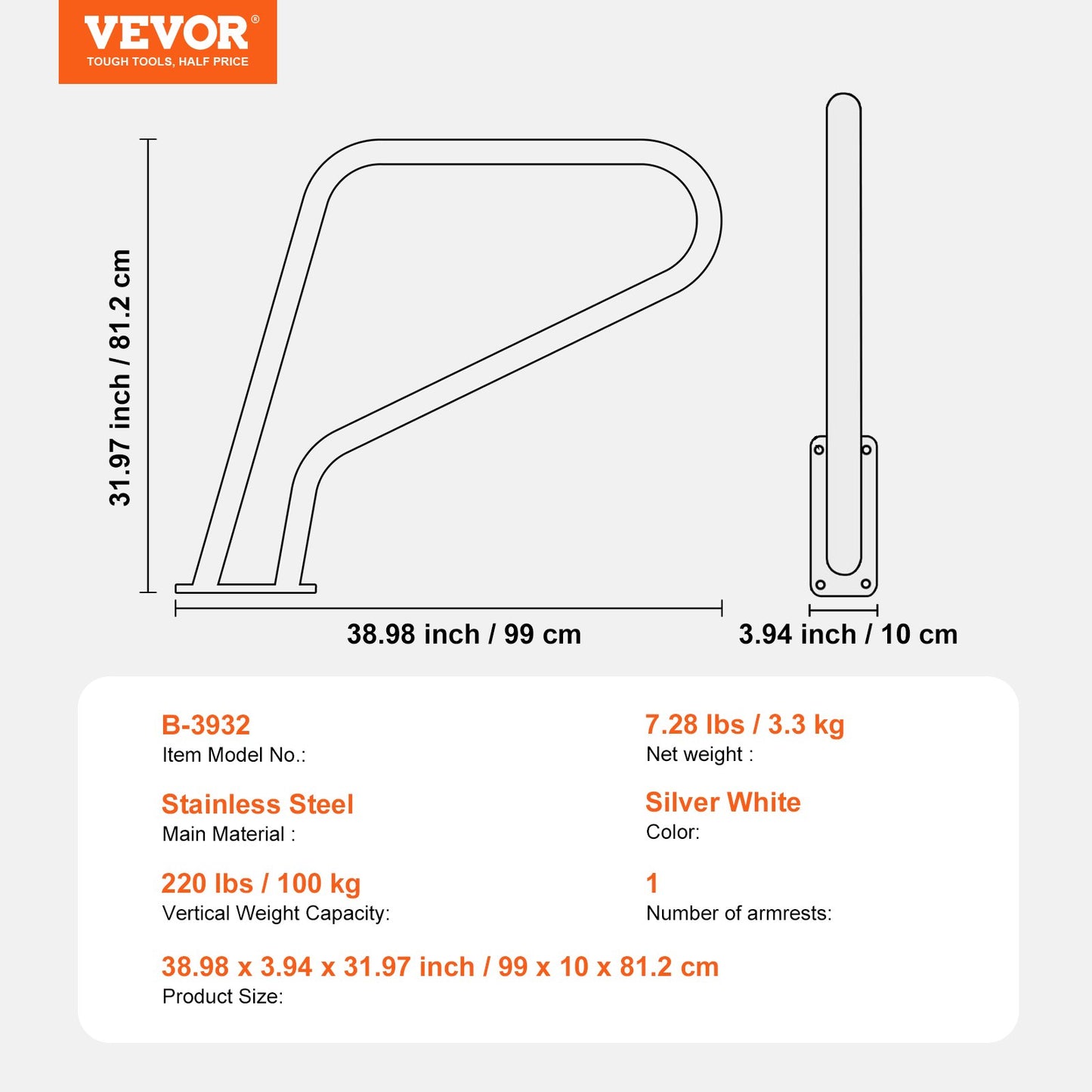 Pool-Handlauf 39 x 32 Zoll Edelstahl mit Grundplatte für Whirlpool
