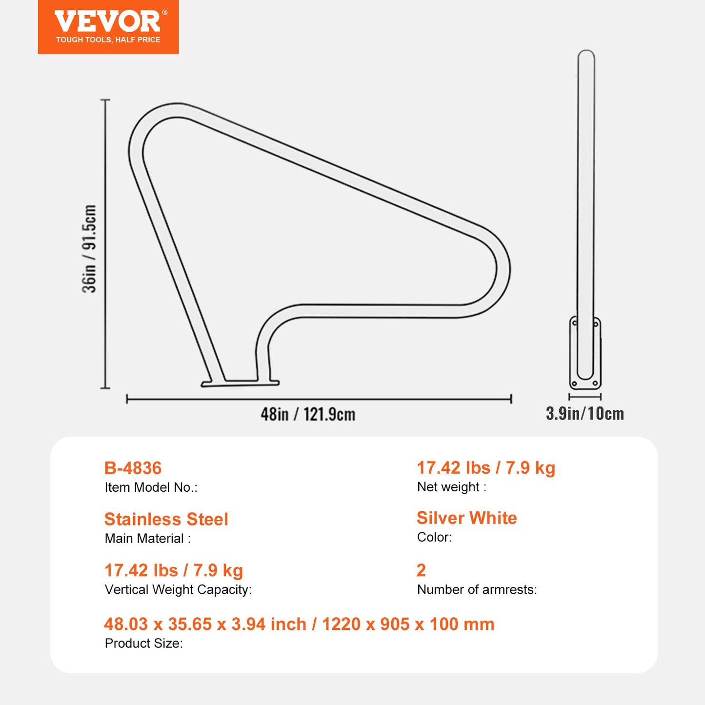 Pool-Handlauf, 2 Stück, 122 x 91 cm, Edelstahl, mit Grundplatte für Whirlpool