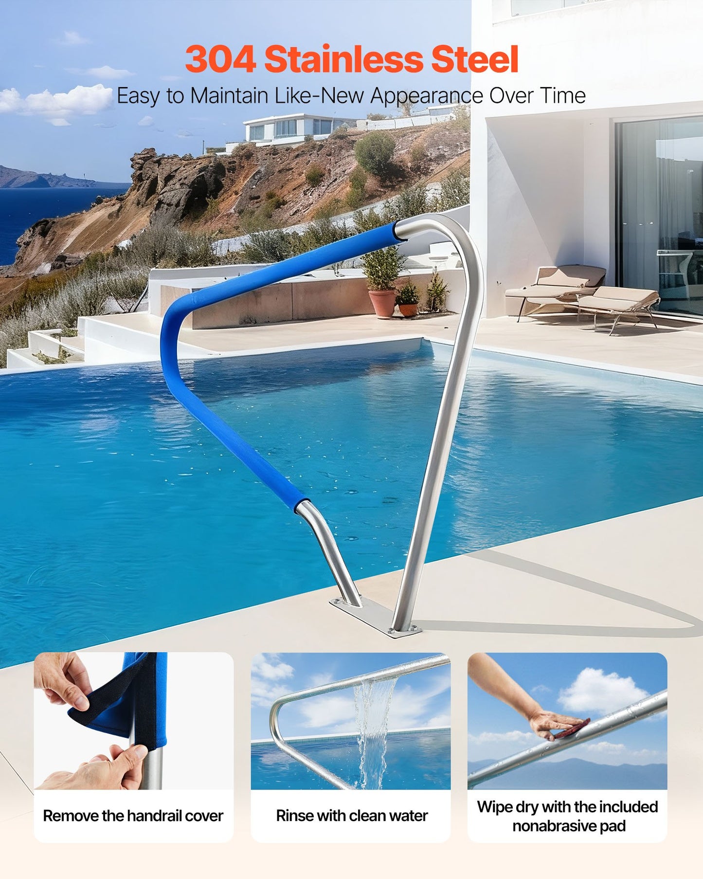 Pool Rail, 48 x 36 inch Pool Handrail, 220 lbs Load Capacity Heavy Duty 304 Stainless Steel Swimming Handrail, Detachable Nonslip Sleeve, Rich Accessories, for Poolside, Water Parks, Spa Centers