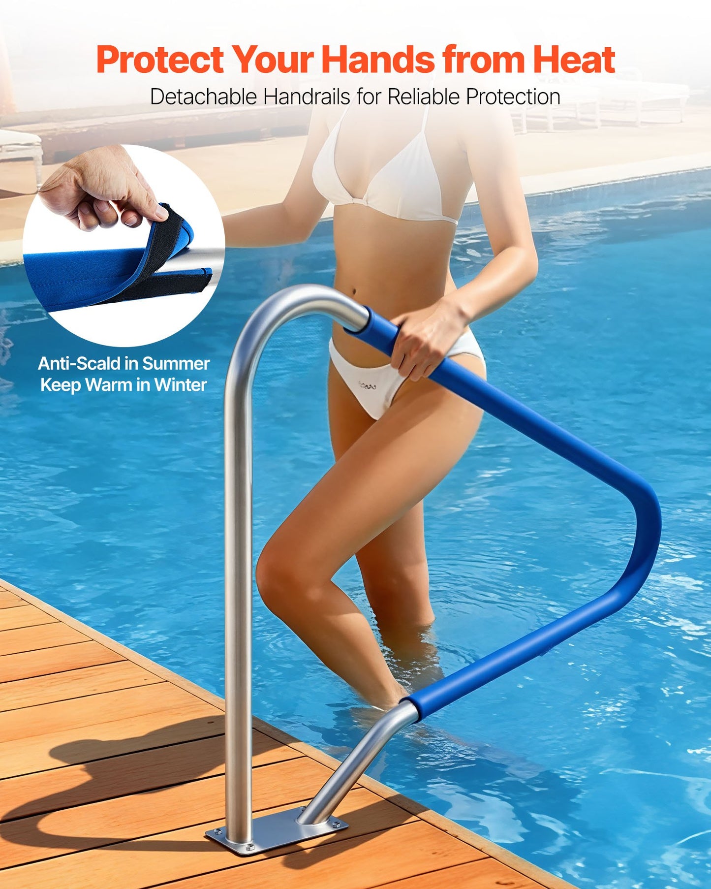 Pool Rail, 48 x 36 inch Pool Handrail, 220 lbs Load Capacity Heavy Duty 304 Stainless Steel Swimming Handrail, Detachable Nonslip Sleeve, Rich Accessories, for Poolside, Water Parks, Spa Centers