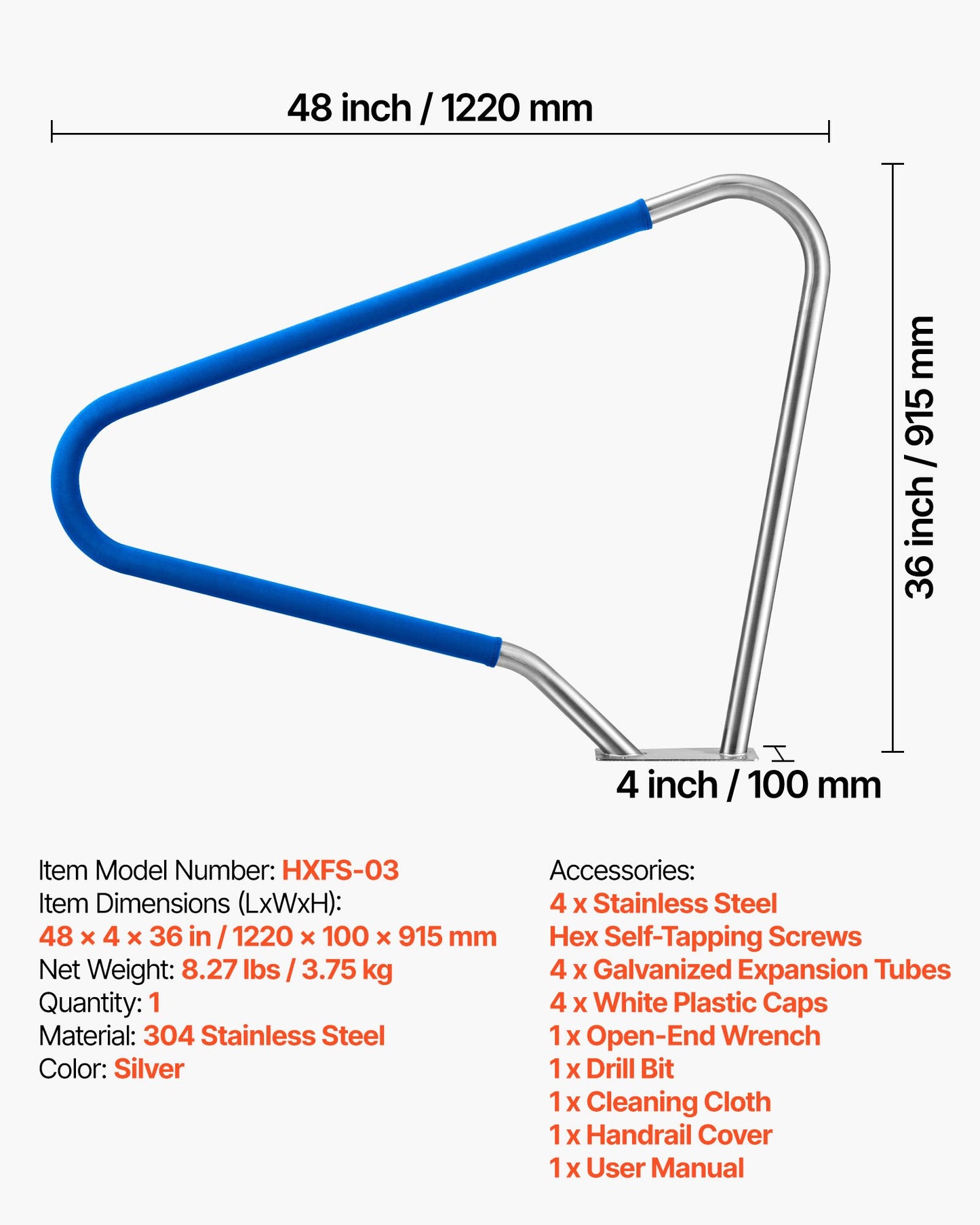 Pool Rail, 48 x 36 inch Pool Handrail, 220 lbs Load Capacity Heavy Duty 304 Stainless Steel Swimming Handrail, Detachable Nonslip Sleeve, Rich Accessories, for Poolside, Water Parks, Spa Centers