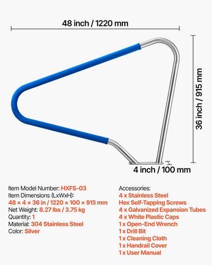 Pool Rail, 48 x 36 inch Pool Handrail, 220 lbs Load Capacity Heavy Duty 304 Stainless Steel Swimming Handrail, Detachable Nonslip Sleeve, Rich Accessories, for Poolside, Water Parks, Spa Centers